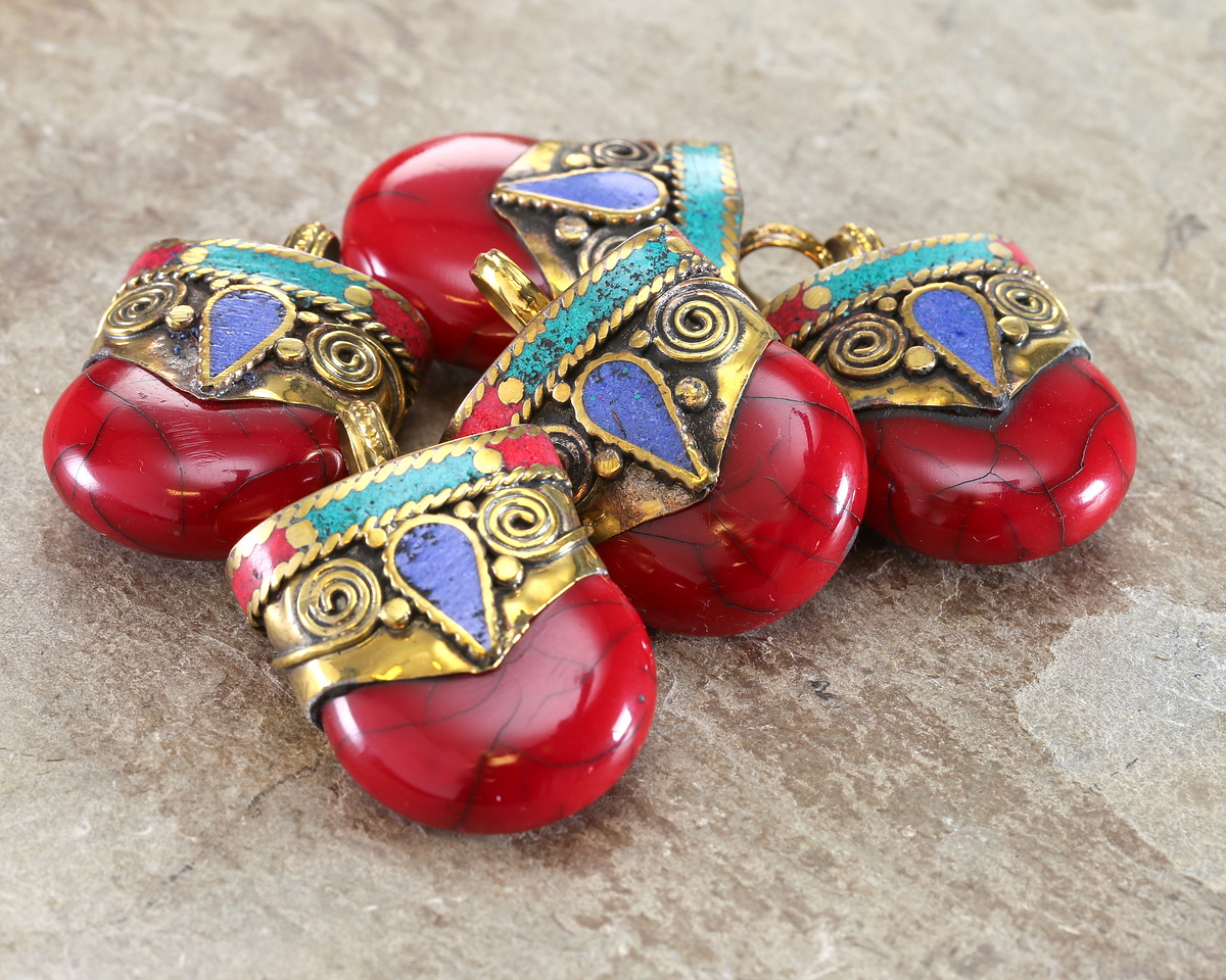 Nepalese Coral Shell & Brass w/ Turquoise, Lapis, & Coral Pendant 28-30x40-42mm