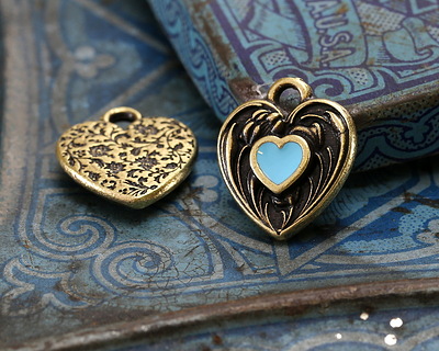 TierraCast Antique Brass (plated) Light Sky Blue Enamel Heart in Heart Shaped Focal 12.5x14mm