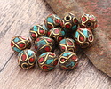 Nepalese Brass Infinity w/ Coral & Turquoise Mosaic Round Bead 10mm