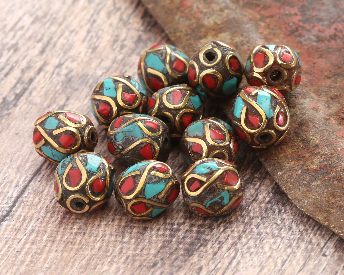 Nepalese Brass Infinity w/ Coral & Turquoise Mosaic Round Bead 10mm