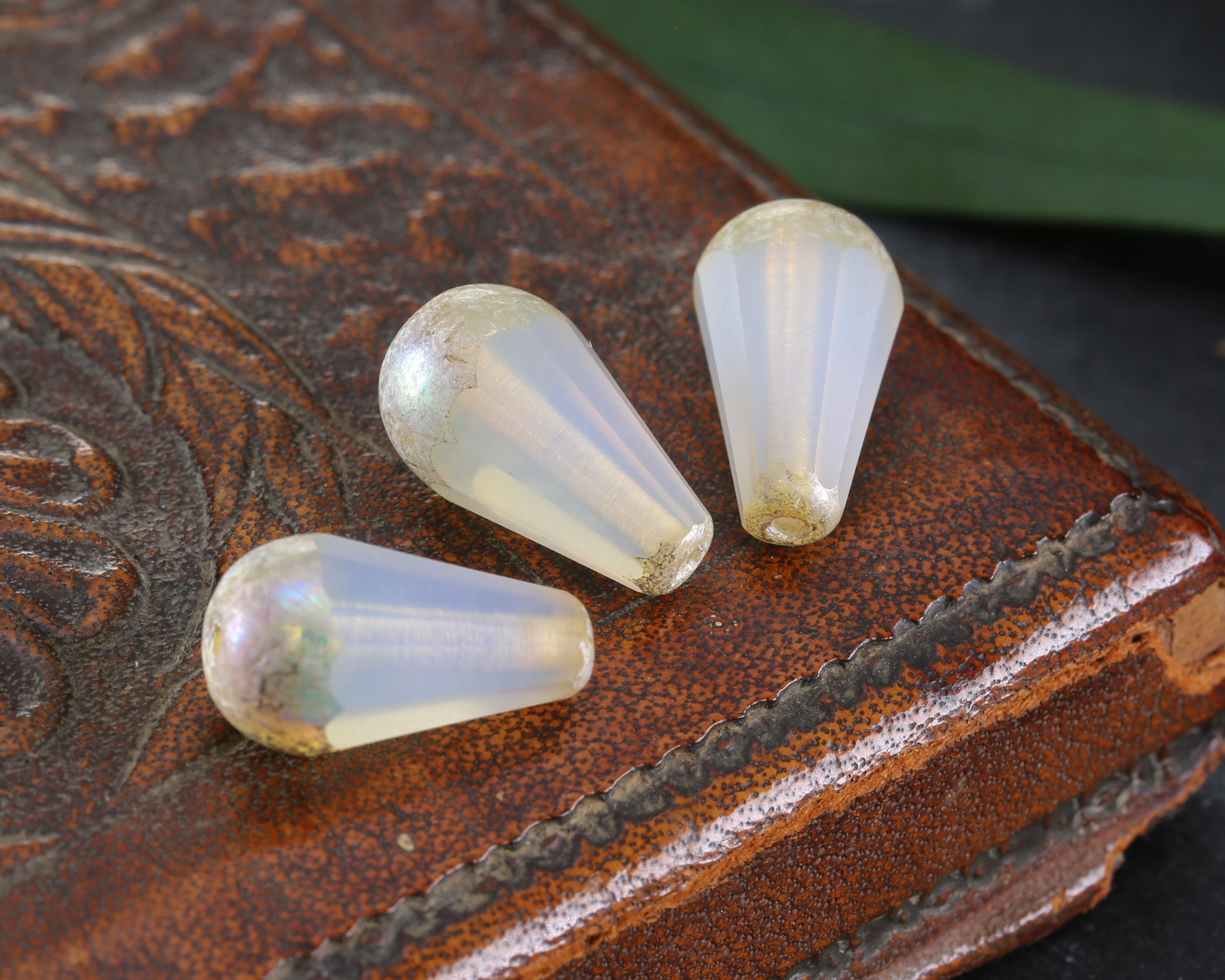 Czech Glass White Opal Picasso AB Faceted Teardrop 15x8mm