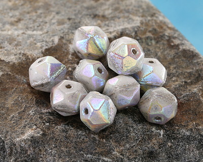 Czech Glass White AB w/ Silver Wash English Cut Bead 8mm