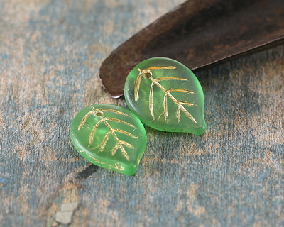 Czech Glass Matte Emerald w/ Gold Leaf Drop 18x13mm