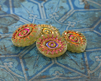 Czech Glass Matte Peridot w/ Metallic Rainbow Mystic Eye 14x11mm