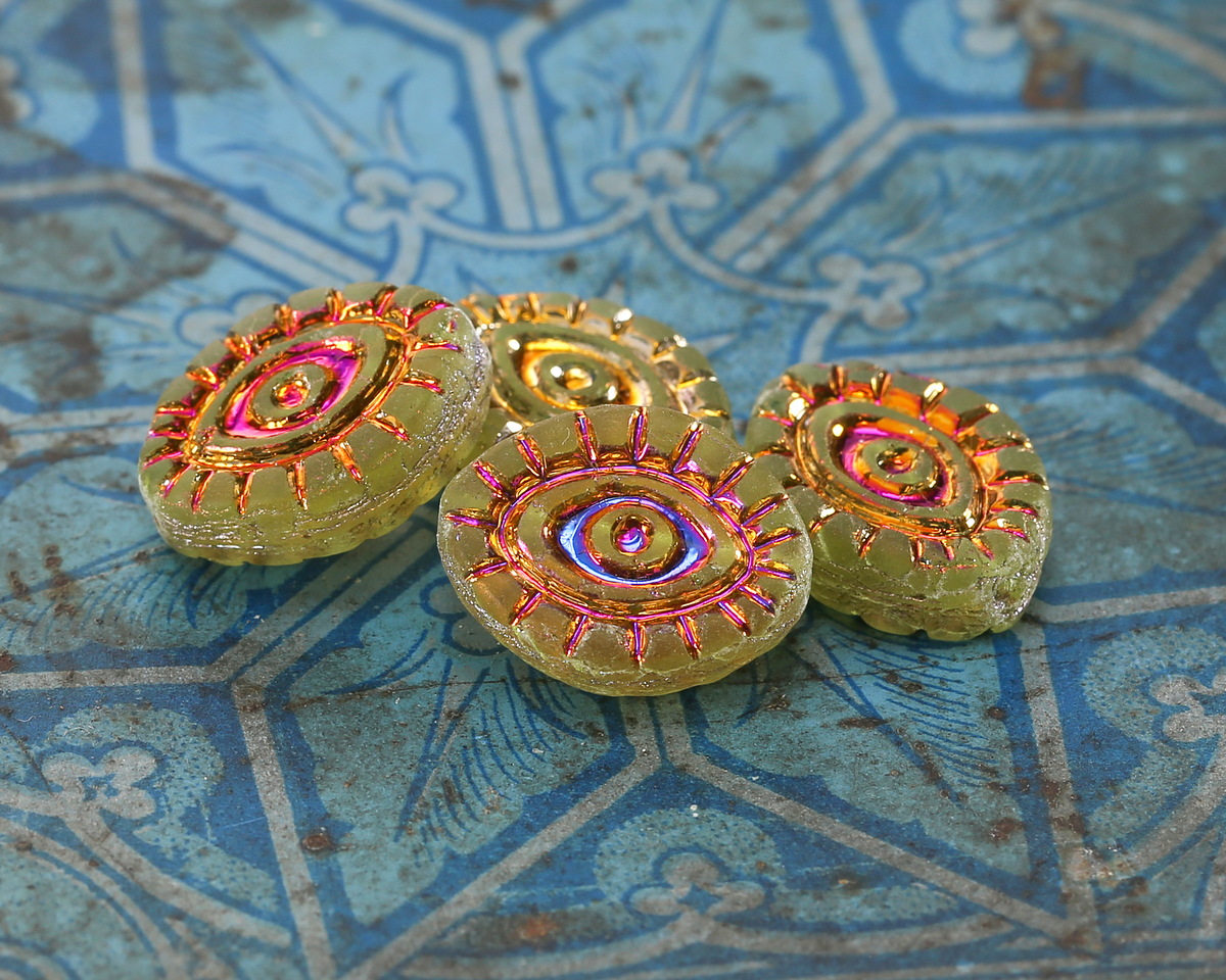 Czech Glass Matte Peridot w/ Metallic Rainbow Mystic Eye 14x11mm
