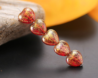 Czech Glass Ruby Red w/ Gold Wash Heart 10mm