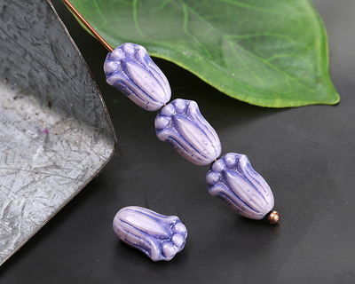 Czech Glass Lavender w/ Purple Wash Tulip 12x8mm
