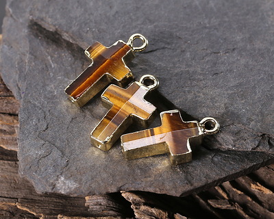 Tiger Eye Faceted Cross Focal w/ Gold Finish 10x15mm