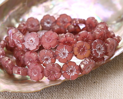 Czech Glass Rose Pink Opal w/ Pink Wash & Silver Luster Hibiscus Coin 9mm