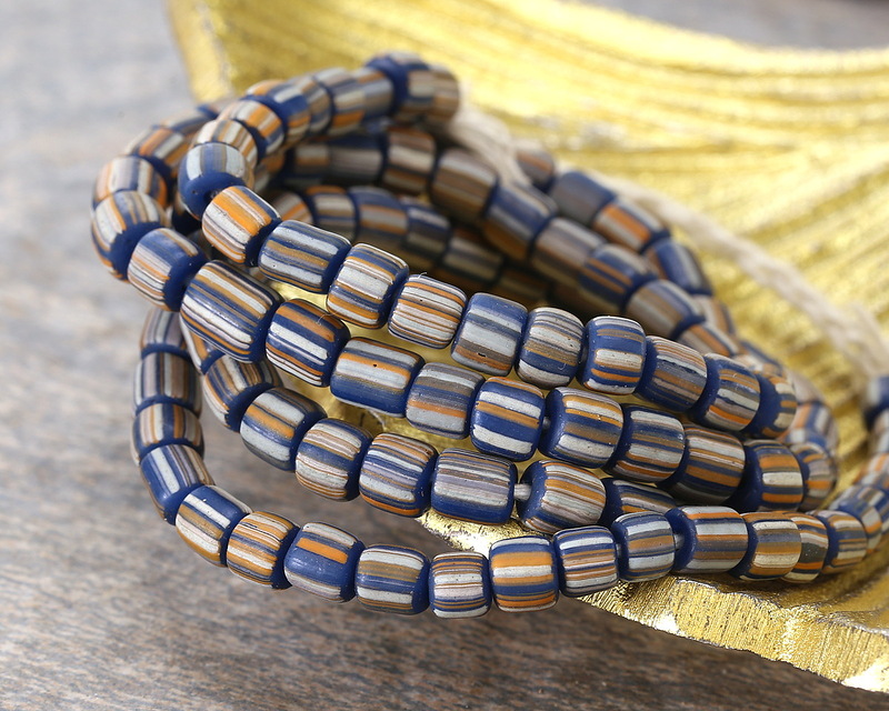 Java Glass Pacific Blue w/ Stripes Graduated Gooseberry Beads 3-6x4-6mm