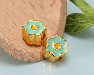24K Gold (plated) Sweet Mint/Yellow Enamel Daisy Bead 8mm