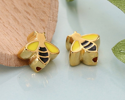24K Gold (plated) Enamel Bee Bead 10x10.8mm
