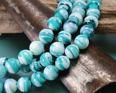 Teal & White Swirl Lampwork Glass Round 10mm