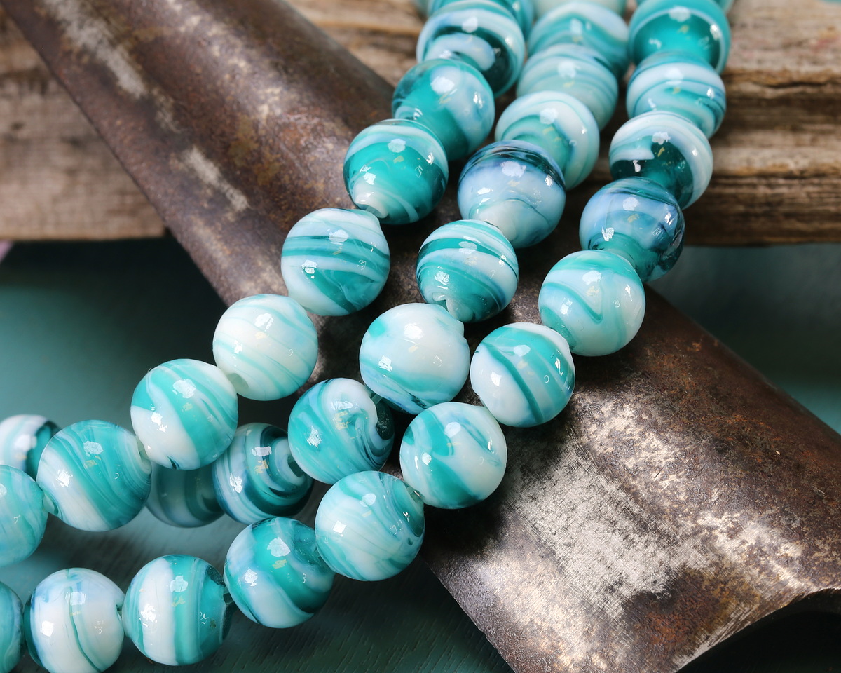Teal & White Swirl Lampwork Glass Round 10mm
