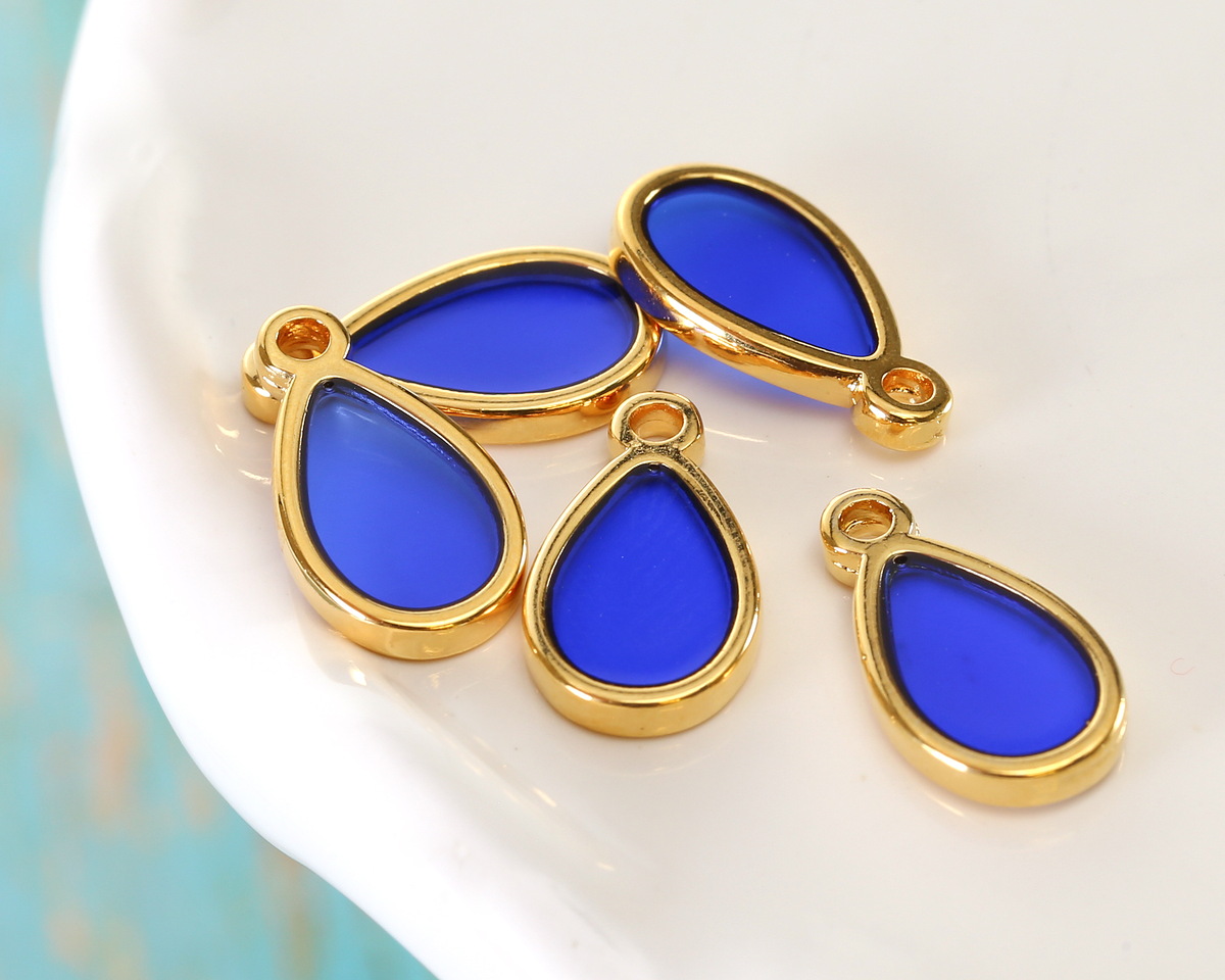 24K Gold (Plated) Transparent Cobalt Blue Resin Drop Focal 8x15mm