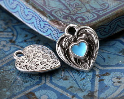 TierraCast Antique Silver (plated) Light Sky Blue Enamel Heart in Heart Shaped Focal 12.5x14mm