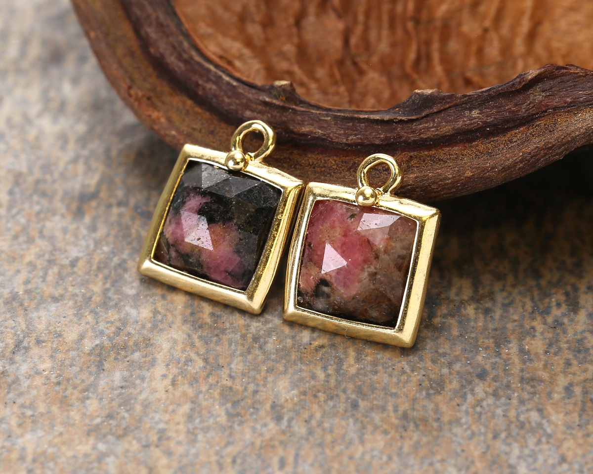 Madagascar Rhodonite w/ Gold Finish Faceted Square Focal 10x13mm