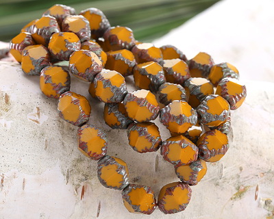 Czech Glass Pumpkin Picasso Etched Bicone 10x8mm