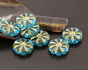 Czech Glass Aquamarine w/ Gold Flower Window Coin 12mm
