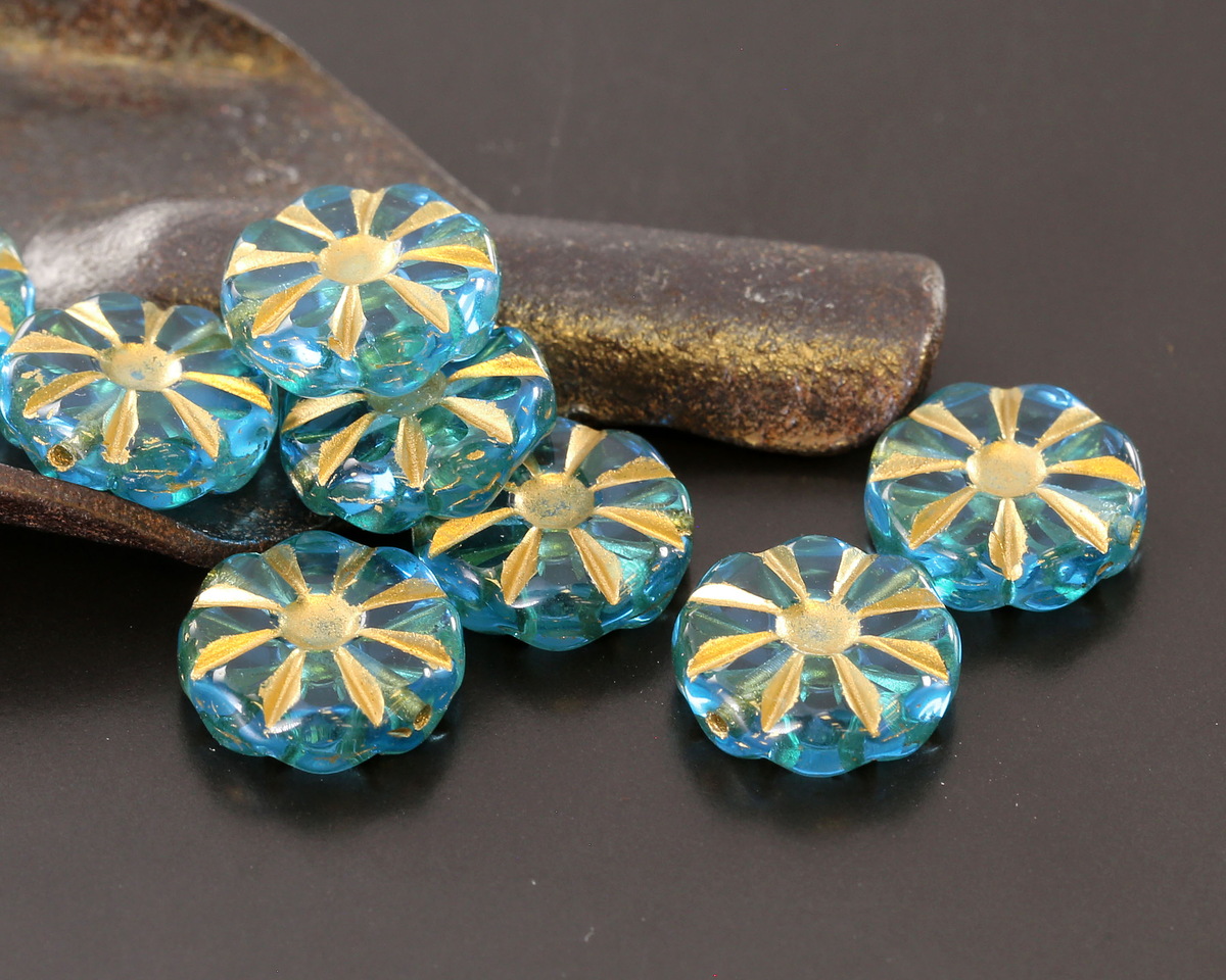 Czech Glass Aquamarine w/ Gold Flower Window Coin 12mm