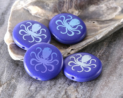 Czech Glass Laser Etched Octopus on Matte Indigo AB Coin 17mm