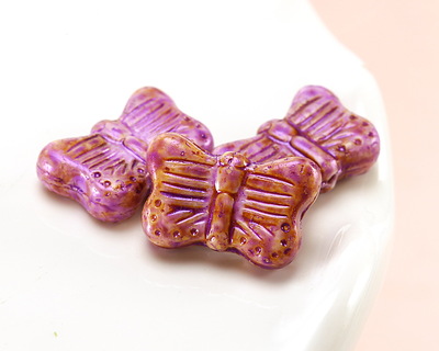 Czech Glass Bisque Picasso w/ Pink Stone Wash Butterfly 16x11mm