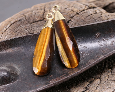 Tiger Eye Faceted Puff Teardrop Focal w/ Gold Finish 9x28mm