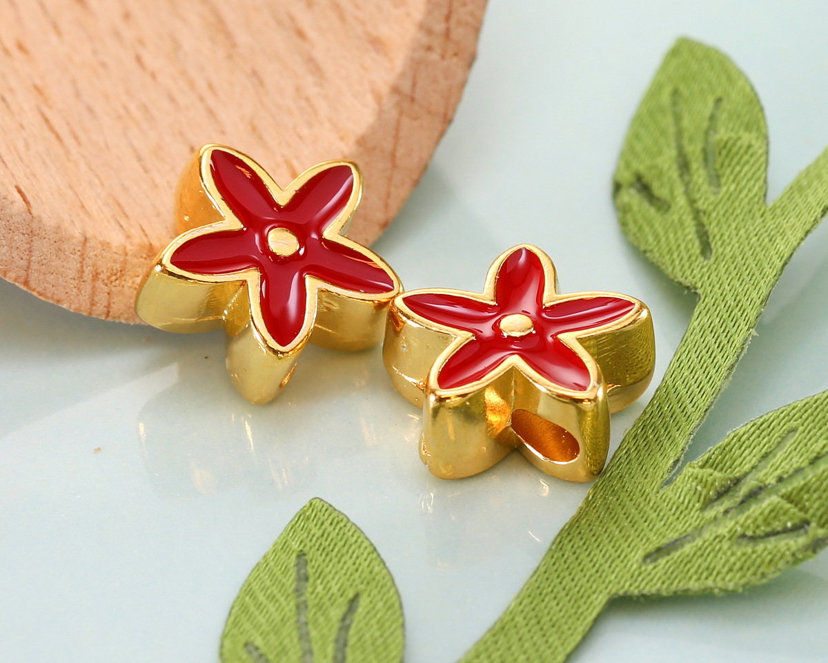 24K Gold (plated) Red Enamel Flower Bead 11mm