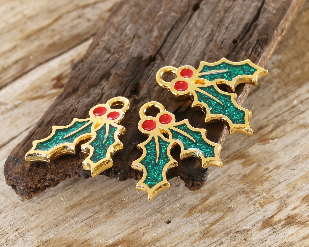24K Gold (plated) Enamel Mistletoe Focal 13x16mm