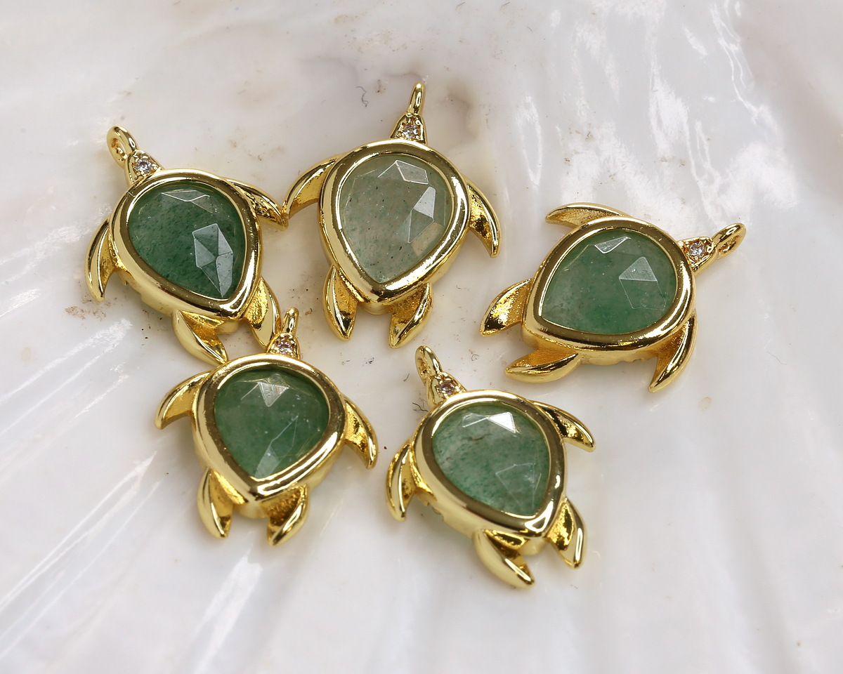 Green Strawberry Quartz w/ Gold Finish Sea Turtle Focal 15x19mm