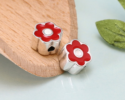 Antique Silver (plated) Red/White Enamel Daisy Bead 8mm