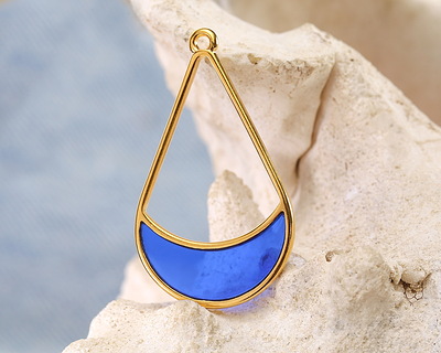 24K Gold (Plated) Transparent Cobalt Blue Resin Openwork Teardrop Focal 24x42mm