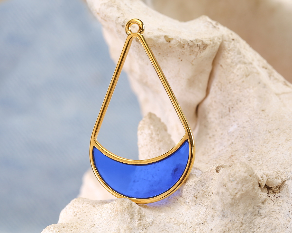 24K Gold (Plated) Transparent Cobalt Blue Resin Openwork Teardrop Focal 24x42mm