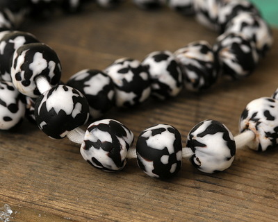 African Recycled Glass Jet Black & White Tumbled Round 12-14mm