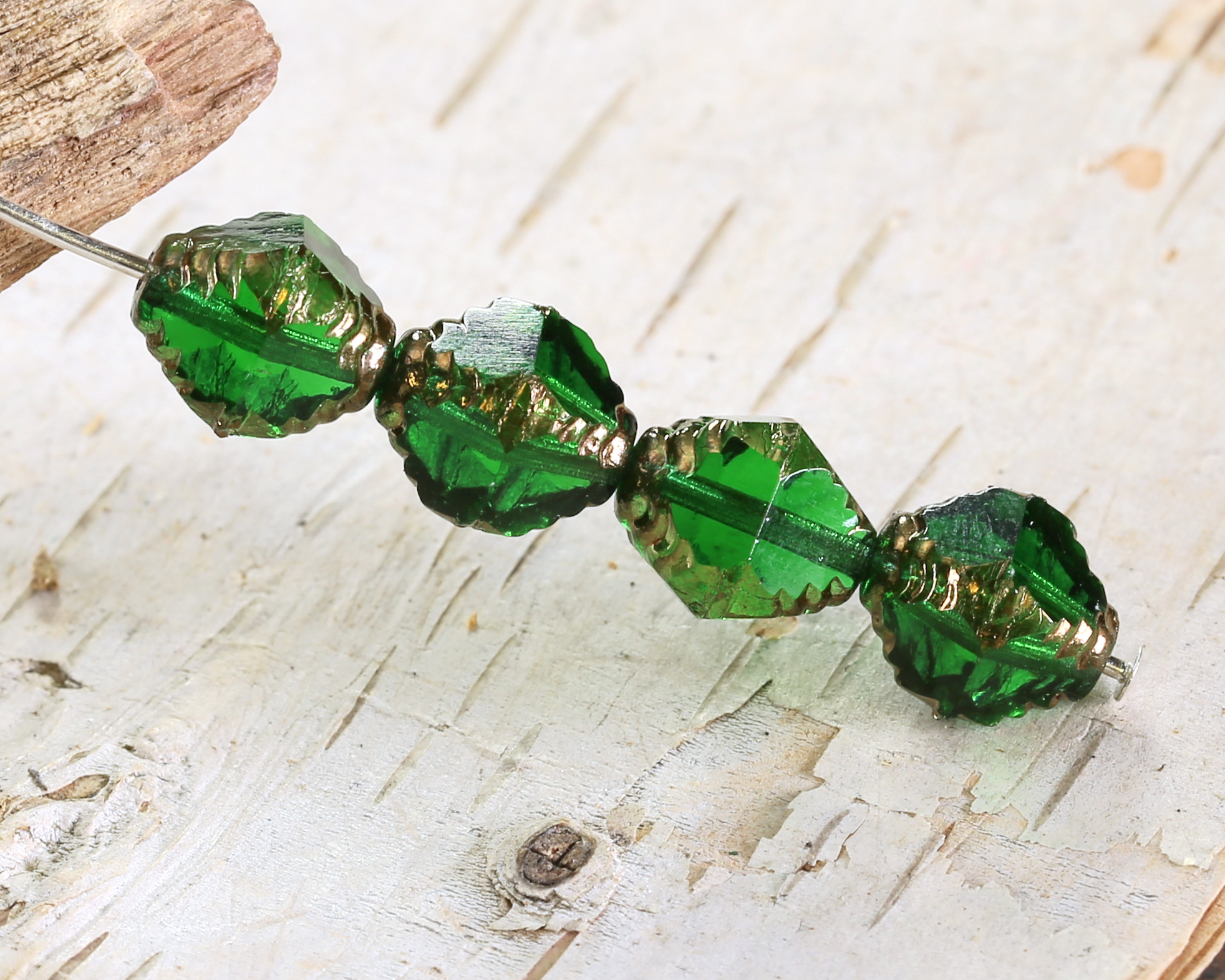 Czech Glass Bronzed Emerald Etched Bicone 10x8mm