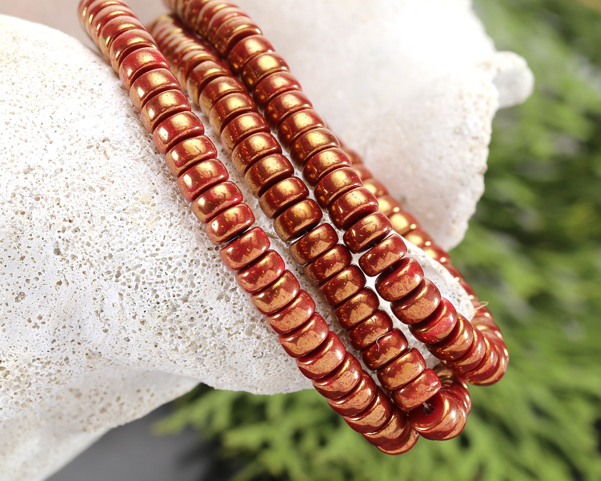 Czech Glass Red w/ Gold Luster Heishi 3x6mm