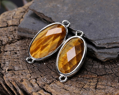 Tiger Eye Faceted Puff Oval Link w/ Silver Finish Bezel 12x20mm