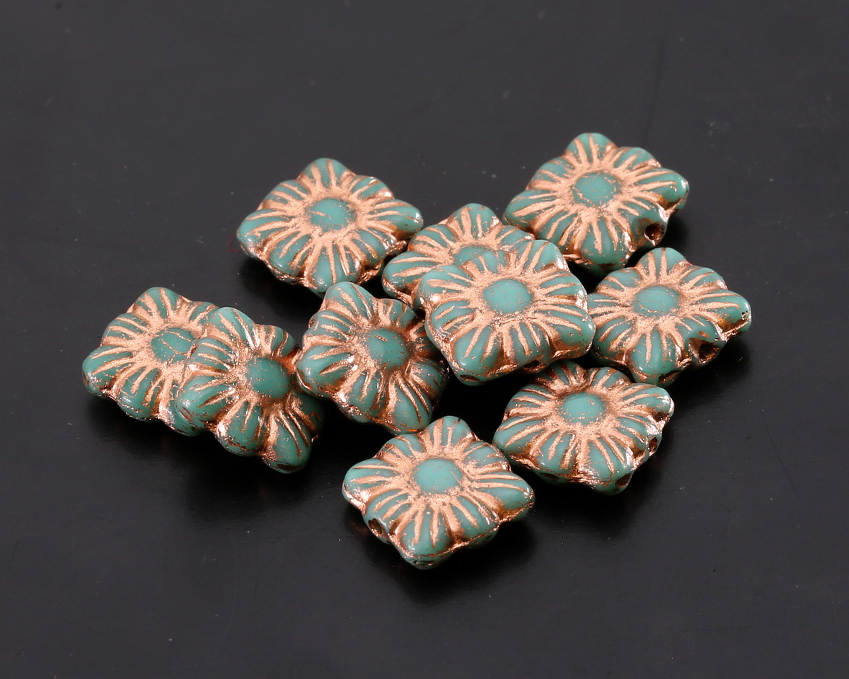Czech Glass Turquoise w/ Copper Square Flower 9mm