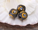African Hand-Painted Yellow Rings & White Dot on Black Powder Glass (Krobo) Round 12-13mm
