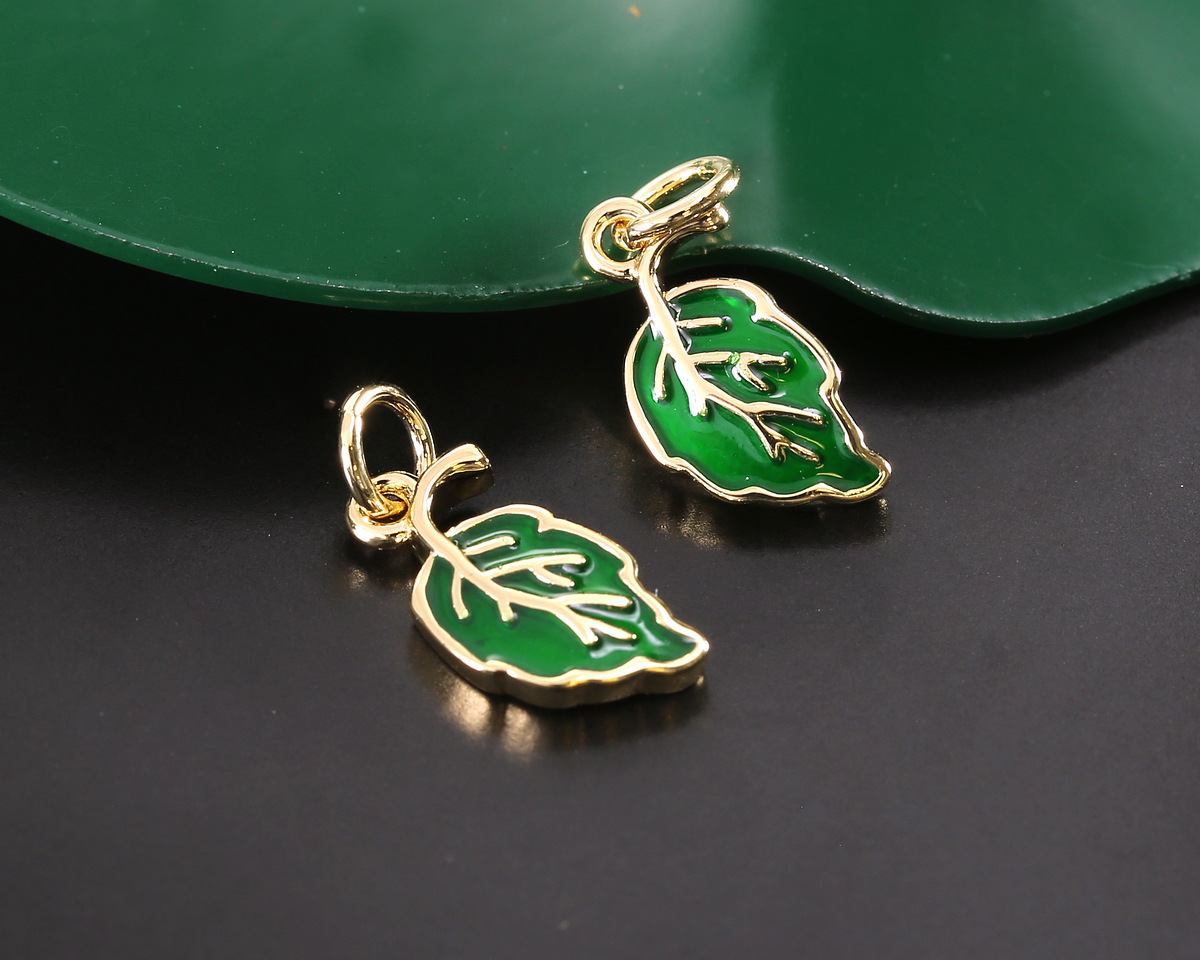 18k Gold (plated) Green Enamel Leaf Focal 7x12.5mm