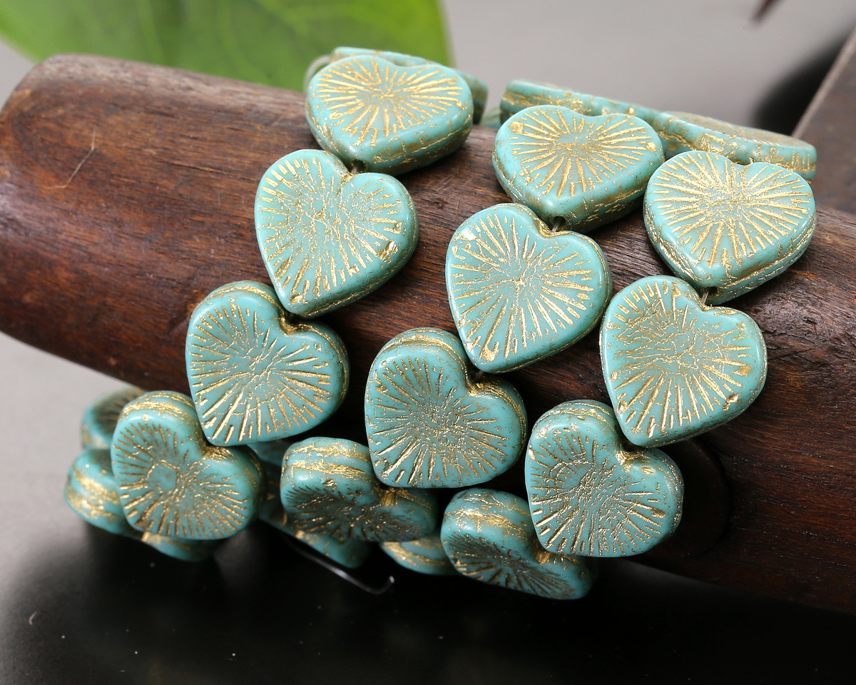 Czech Glass Green Turquoise w/ Gold Starburst Heart 13x14mm