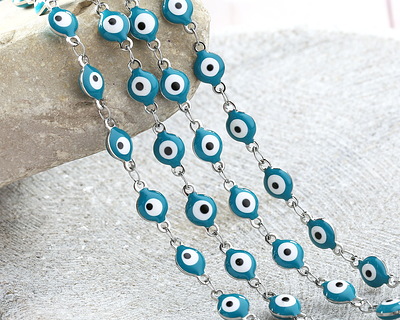 Turquoise Enamel Evil Eye Link Stainless Steel Chain 6mm