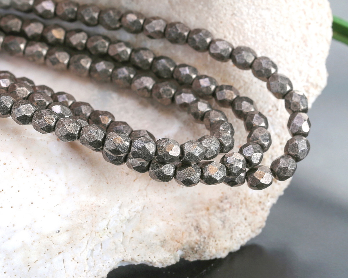 Czech Glass Jet w/ Antique Silver Fire Polished Round 4mm