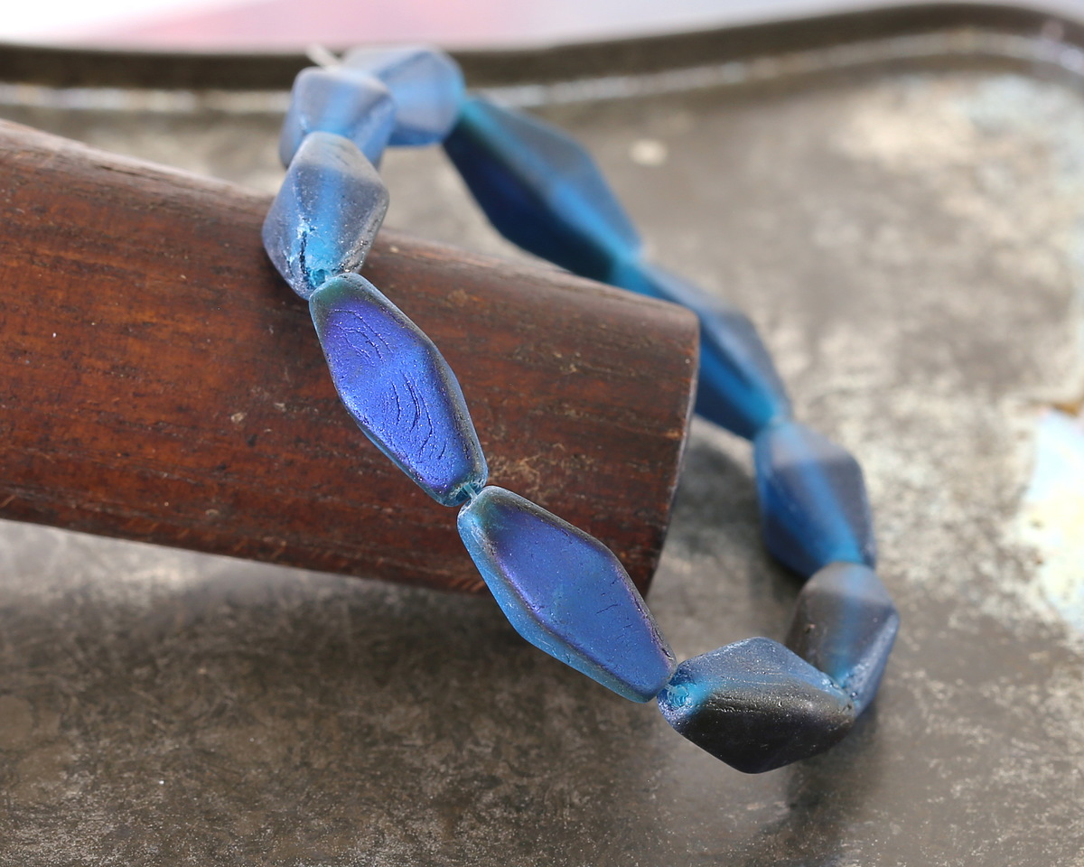 Czech Glass Matte Pacific Blue w/ Metallic Blue Finish Rhombus 14x7mm