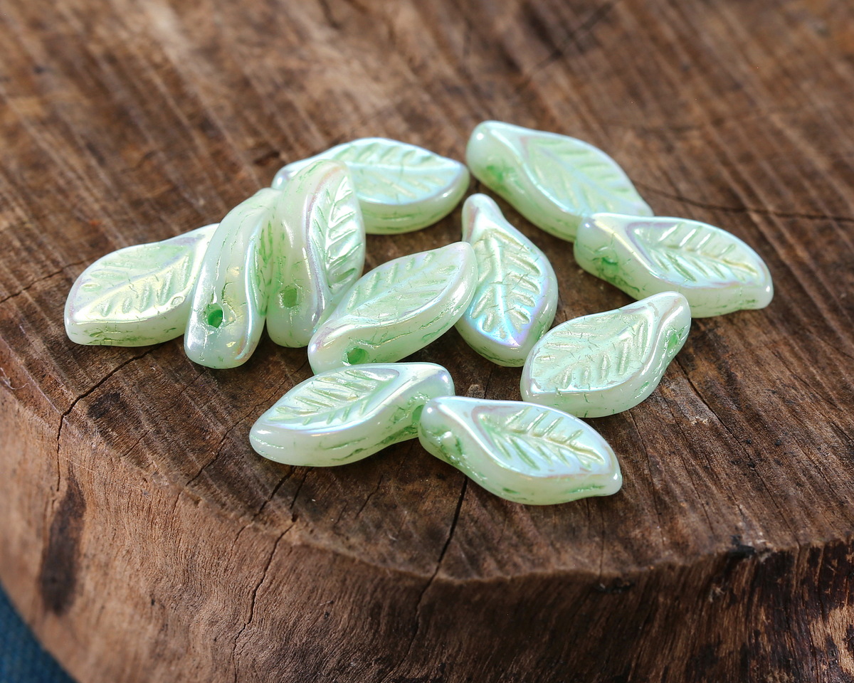 Czech Glass Sage AB Lustered Leaf Drop 6x12mm