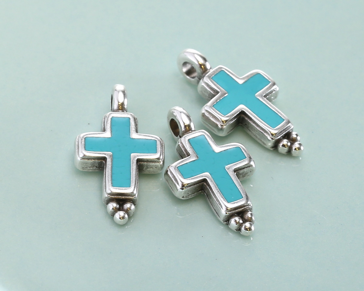 Antique Silver (plated) Turquoise Enamel Cross Focal 9x17mm