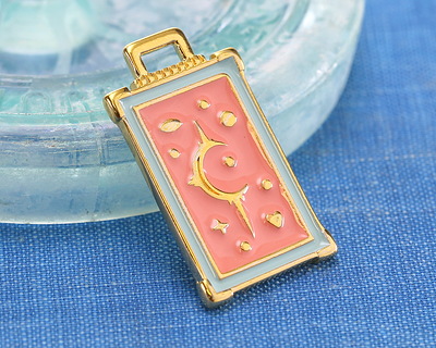 24K Gold (plated) Pink Coral & Turquoise Blue Enamel Tarot Card Focal 18x29mm