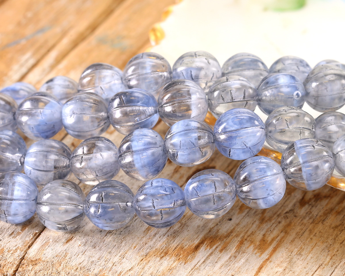 Czech Glass Ice Blue w/ Antique Silver Melon Round 8mm