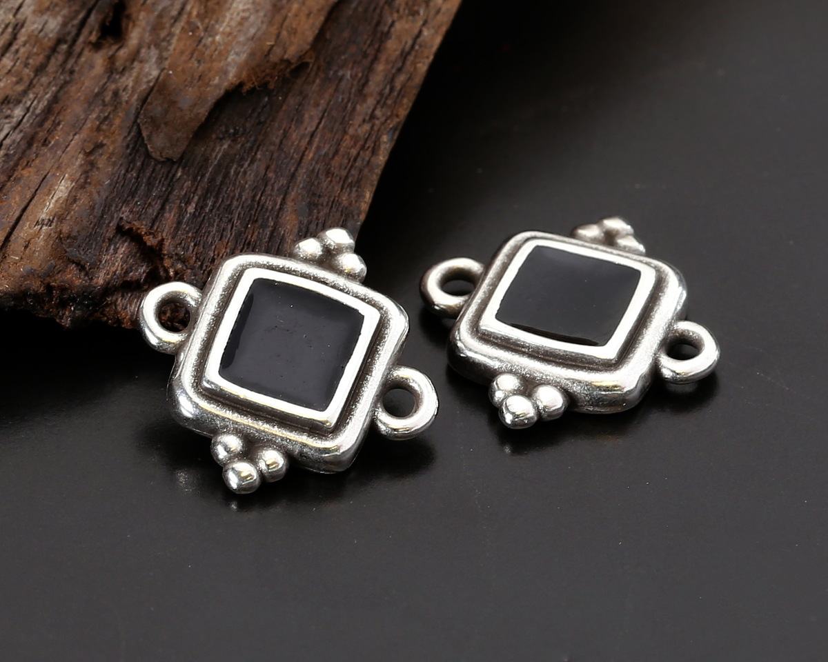Antique Silver (plated) Jet Enamel Beaded Square Focal Link 15x14.5mm
