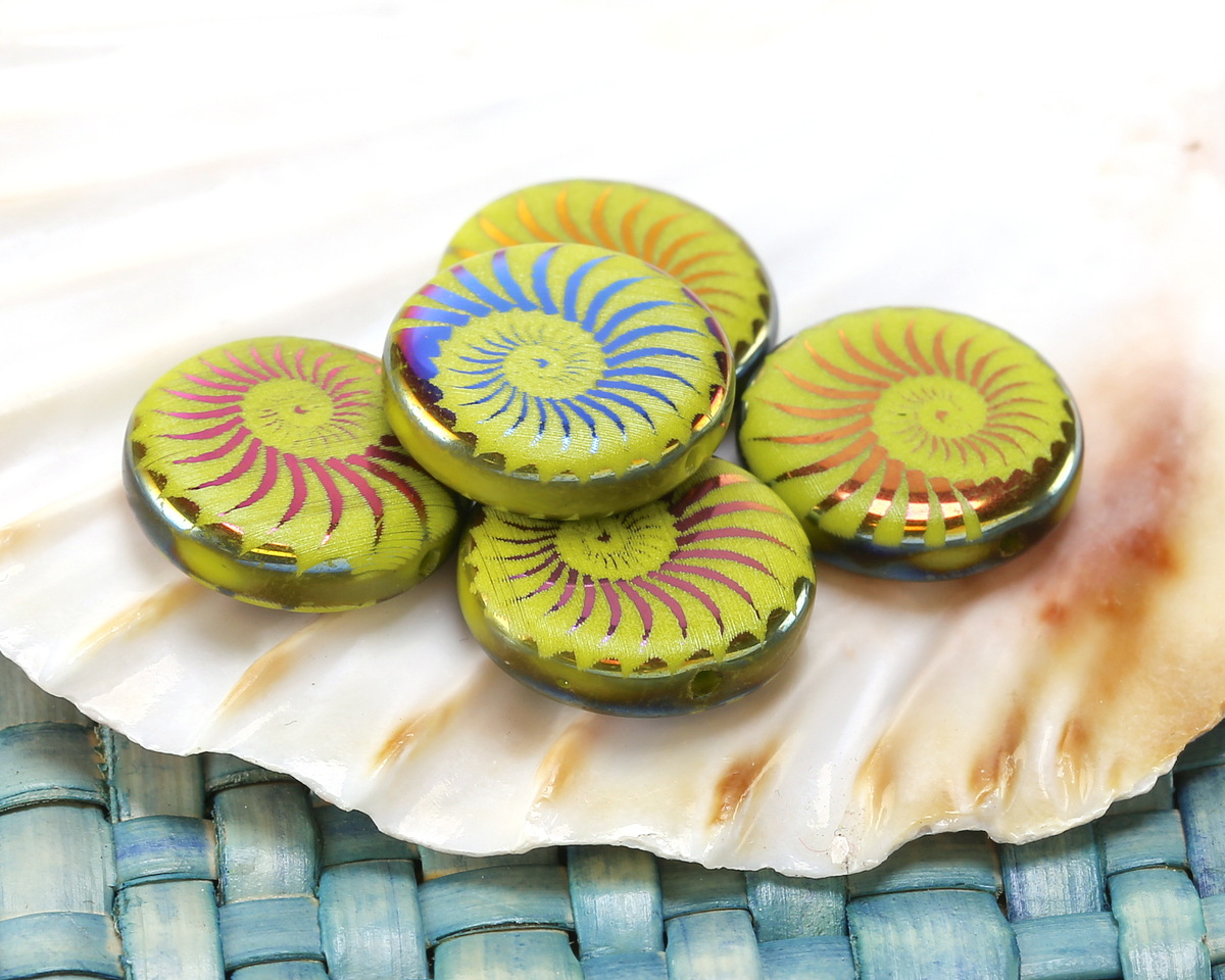 Czech Glass Laser Etched Spiral Ammonite on Gaspeite Green w/ Rainbow Finish Coin 14mm